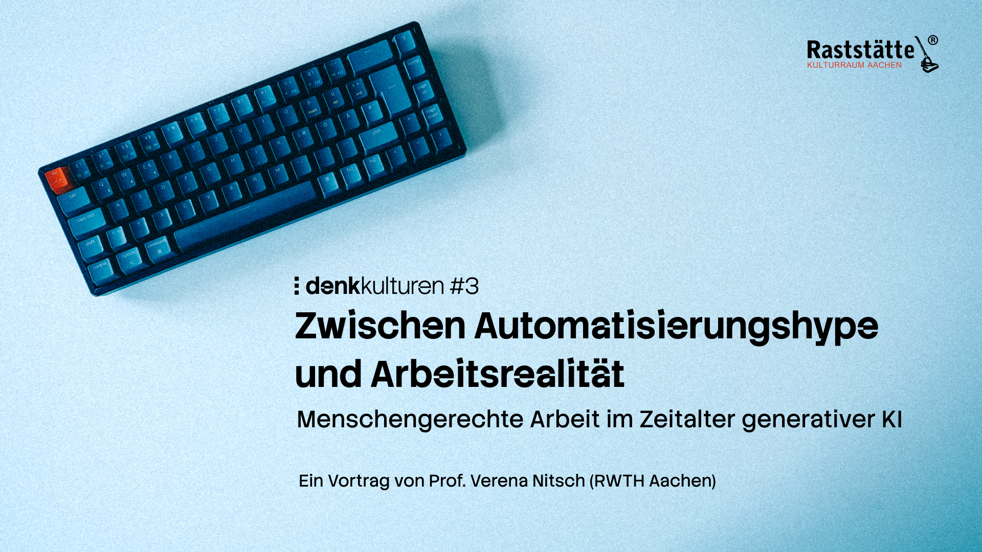 Bild mit Titel der Veranstaltung und Tastatur auf leerem Schreibtisch