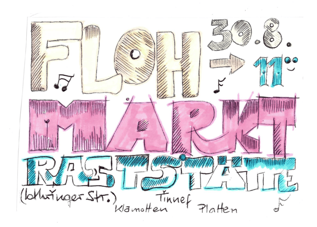 Logo des Flohmarkts in der Raststätte als bunter Text